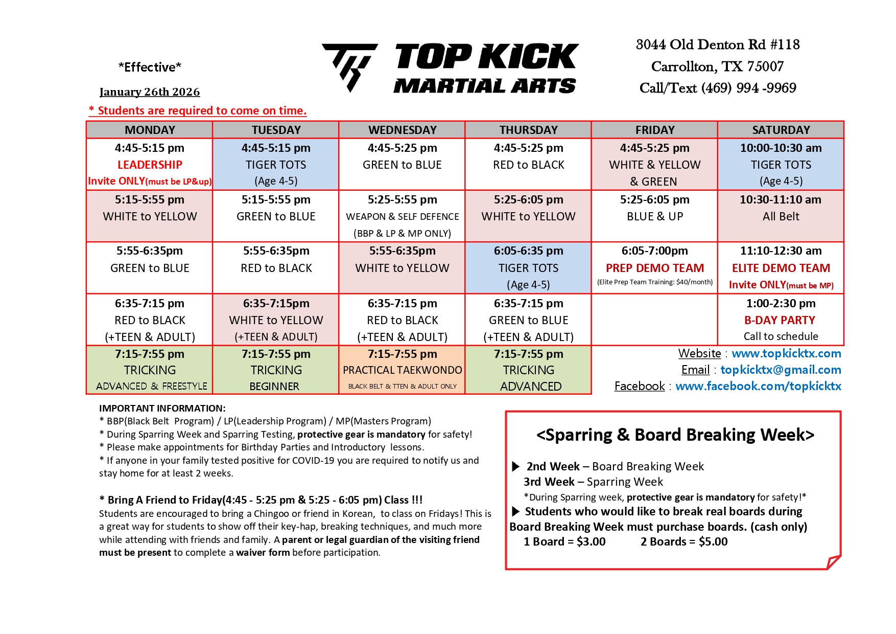Carrollton Class Schedule